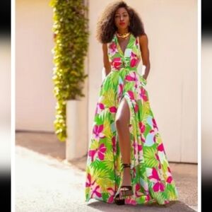 Floral Maxi Dress in Green and Pink